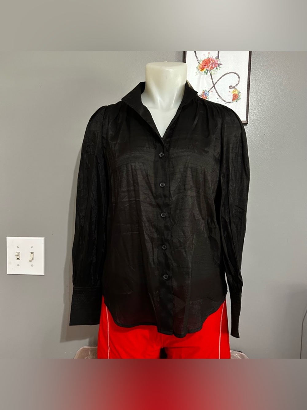 Banana Republic Black Verona Balloon Sleeve Sateen Shirt Top Size XS Band NWT